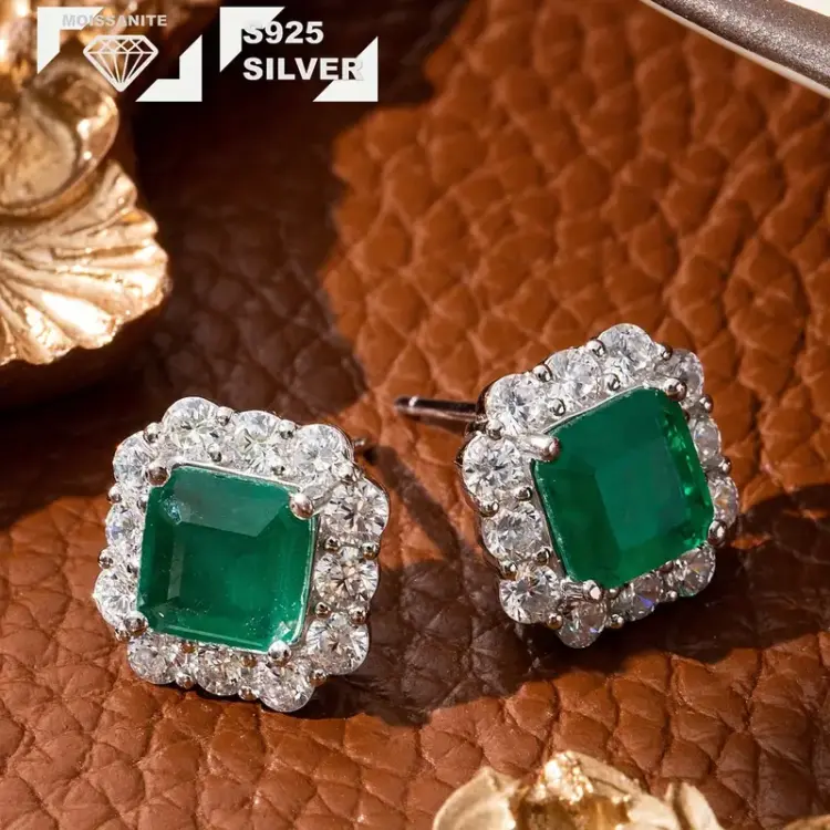 Classic Earrings with Moissanite and Emerald-Style Synthetic Gemstones
