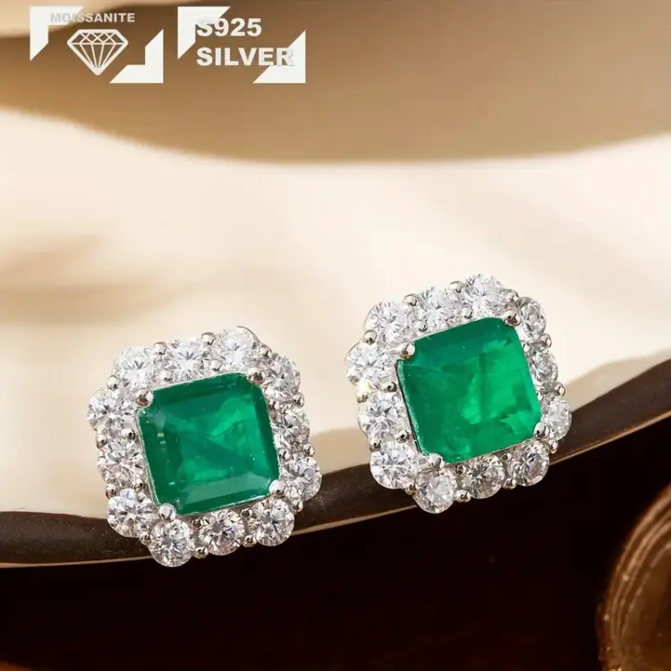 Classic Earrings with Moissanite and Emerald-Style Synthetic Gemstones - Image 2
