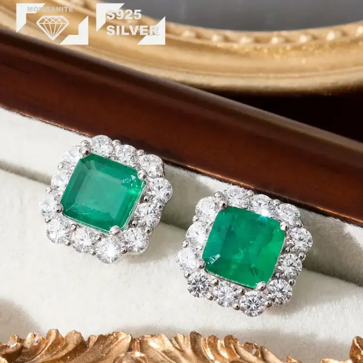 Classic Earrings with Moissanite and Emerald-Style Synthetic Gemstones - Image 3