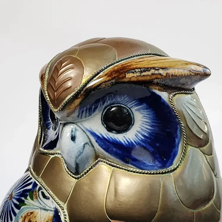 Vintage Tonala Brass and Pottery Owl Figurine – Hand-Painted Blue & White Folk Art - Image 3