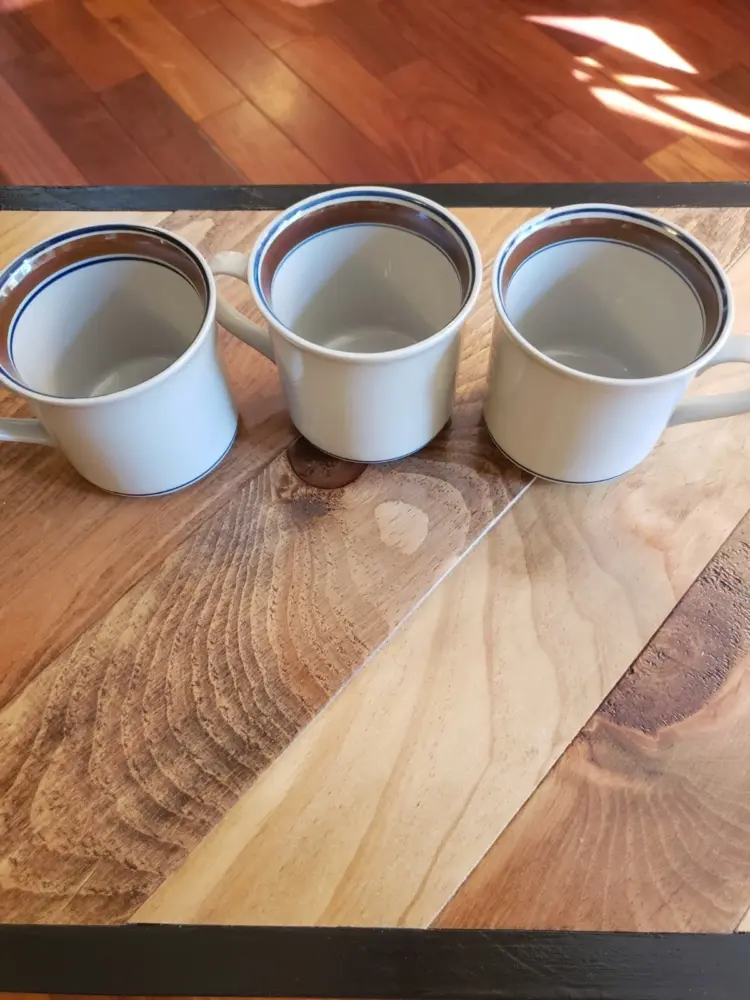 Vintage Salem Stoneware Coffee Mugs – Blue & Brown Stripes – Set of 3