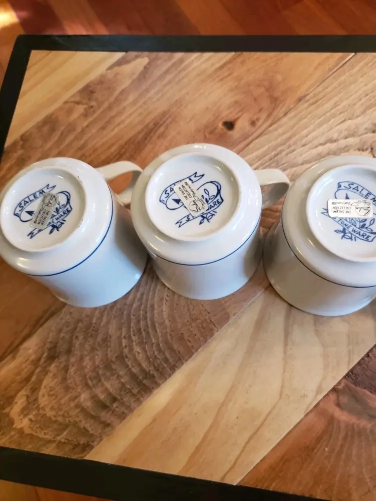 Vintage Salem Stoneware Coffee Mugs – Blue & Brown Stripes – Set of 3 - Image 2
