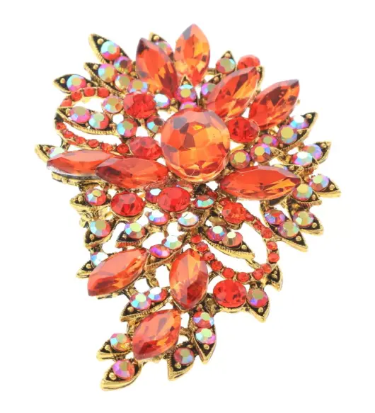 Gold Tone Crystal Rhinestone Flower Brooch – P1246-ORG