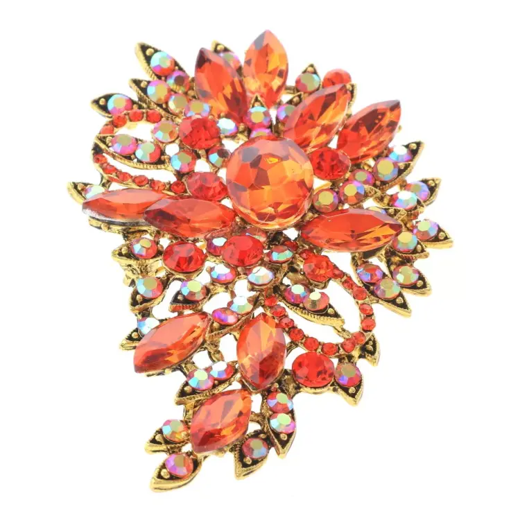 Gold Tone Crystal Rhinestone Flower Brooch – P1246-ORG