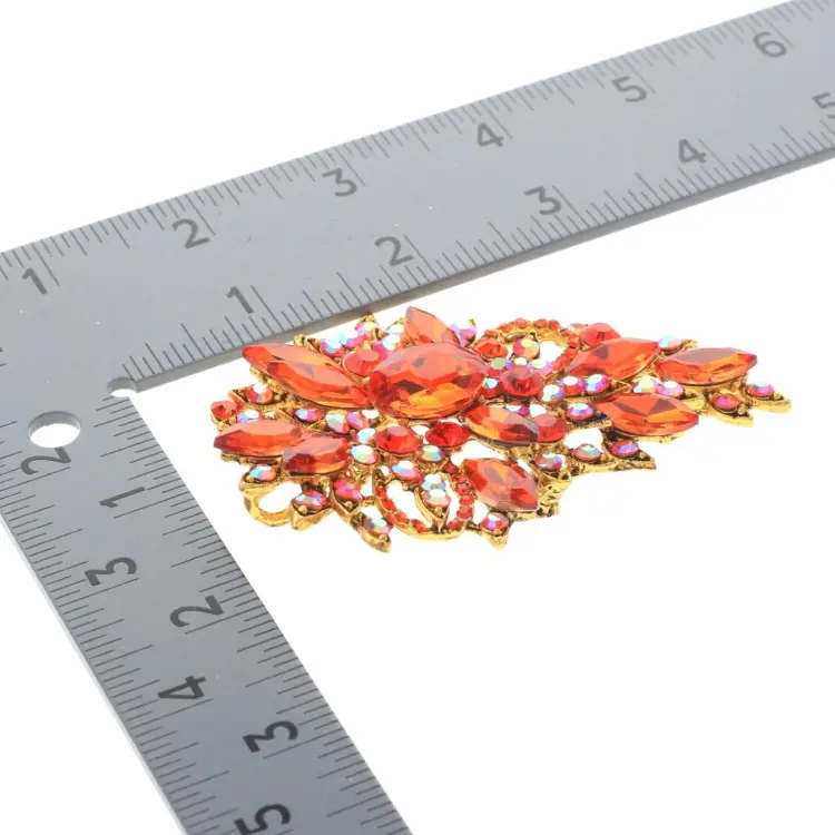 Gold Tone Crystal Rhinestone Flower Brooch – P1246-ORG - Image 3