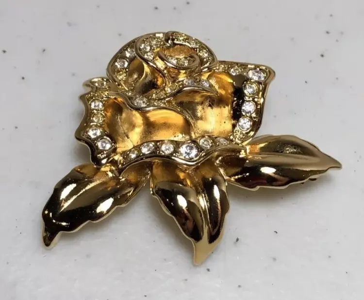 Vintage Avon 1996 Gold Tone Passion Rose Brooch with Rhinestones