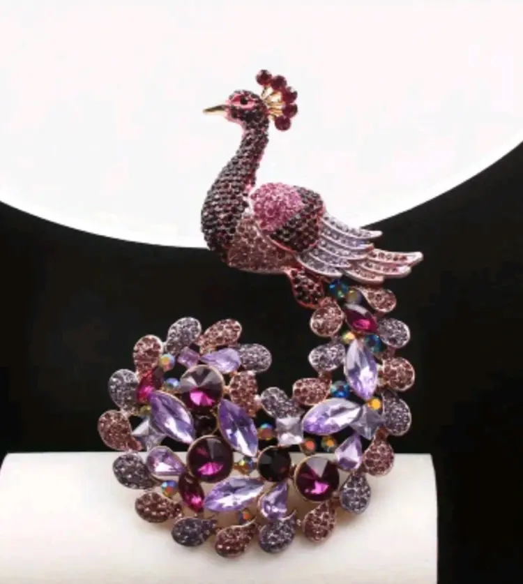 Large Purple Peacock Rhinestone Brooch – 5.5" Statement Pin