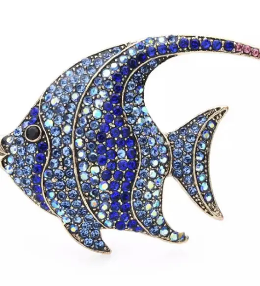 Vintage-Style Blue Flat Fish Rhinestone Brooch – Crystal Pin with Gift Pouch