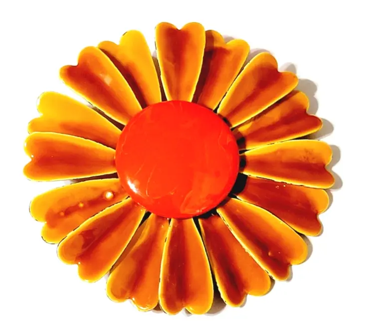 Vintage Layered Enamel Flower Brooch – Orange & Brown Floral Pin (fb1)