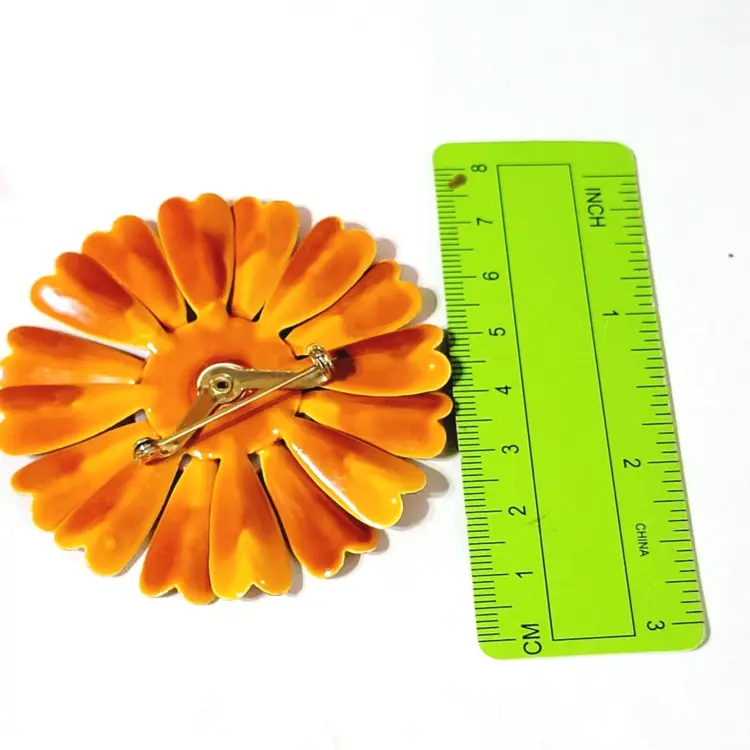 Vintage Layered Enamel Flower Brooch – Orange & Brown Floral Pin (fb1) - Image 2