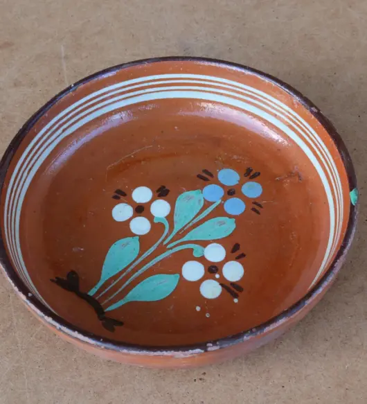 Antique Primitive Redware Clay Dish – Handcrafted Eastern Europe, Early 20th Century