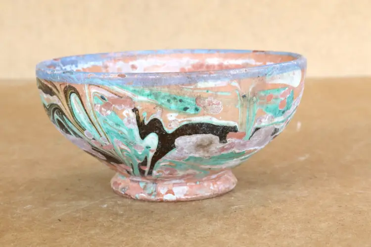 Antique Primitive Redware Ceramic Bowl/Cup – Hand-Painted, 1930s