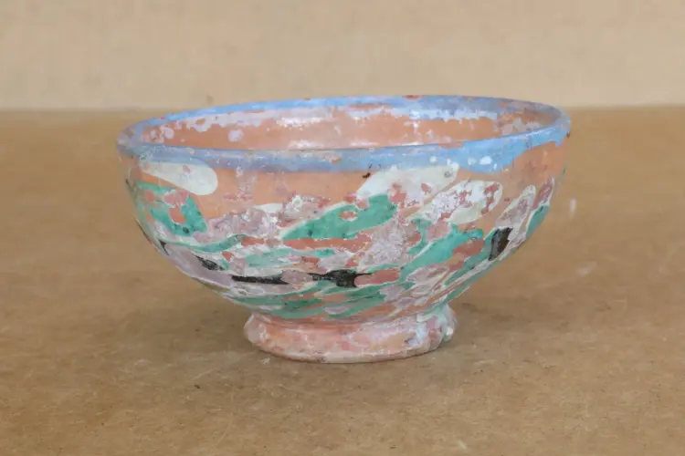 Antique Primitive Redware Ceramic Bowl/Cup – Hand-Painted, 1930s - Image 2