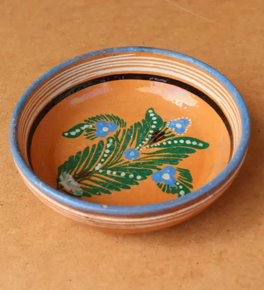 Antique Primitive Redware Clay Dish – Hand Painted, Early 20th Century