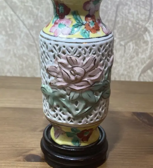 Vintage Miniature Hand-Painted Porcelain Vase on Wood Base