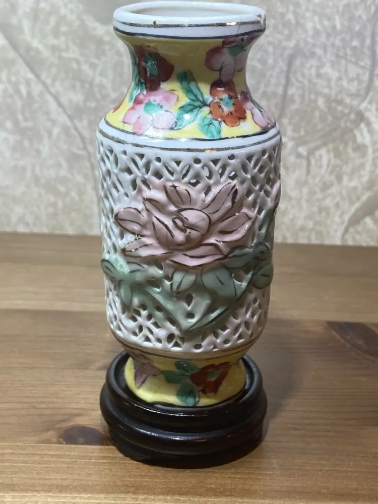 Vintage Miniature Hand-Painted Porcelain Vase on Wood Base
