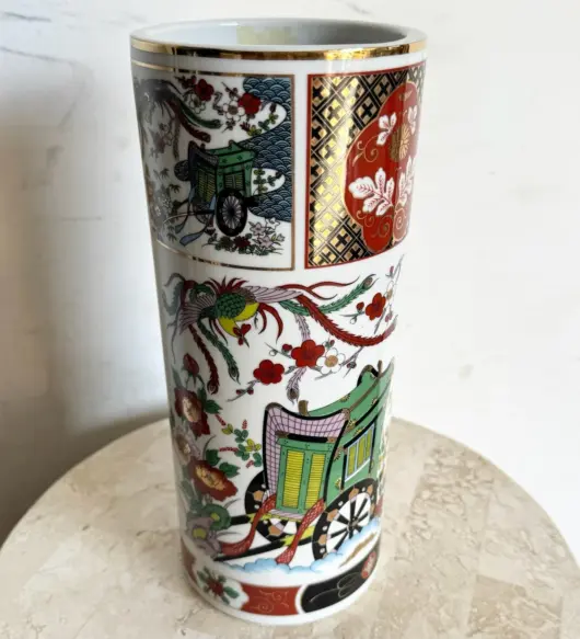 Vintage Cylindrical Hand-Painted Porcelain Vase