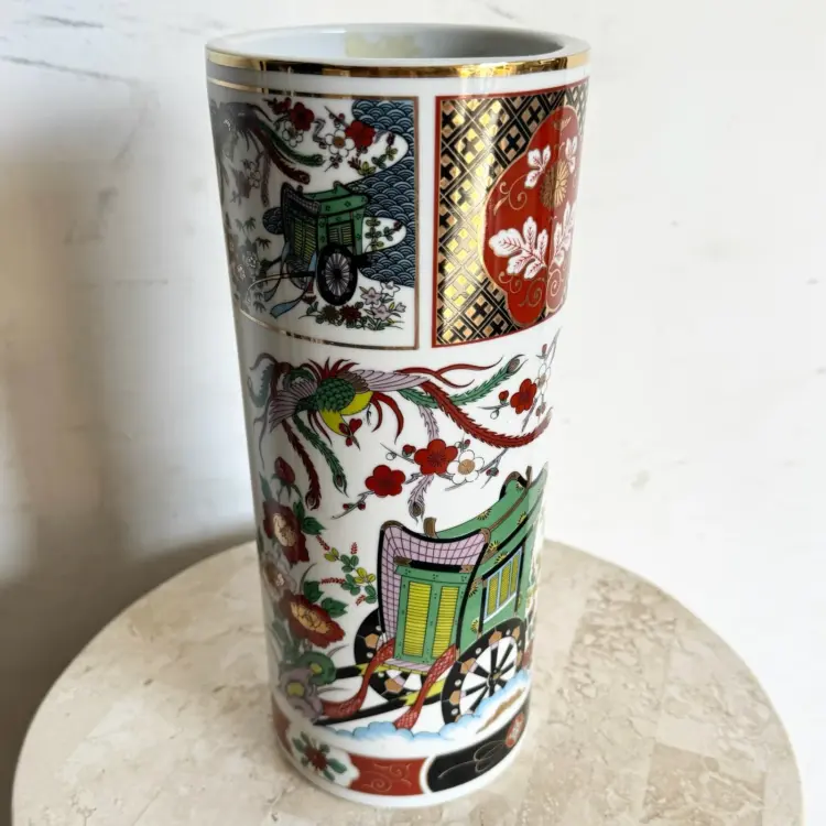 Vintage Cylindrical Hand-Painted Porcelain Vase