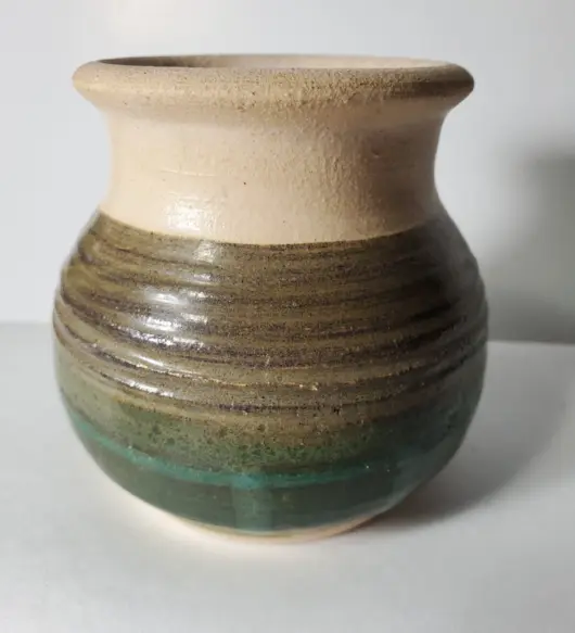 Studio Art Pottery Vase – Signed DK – Green Drip Glaze – Matte & Glossy Finish