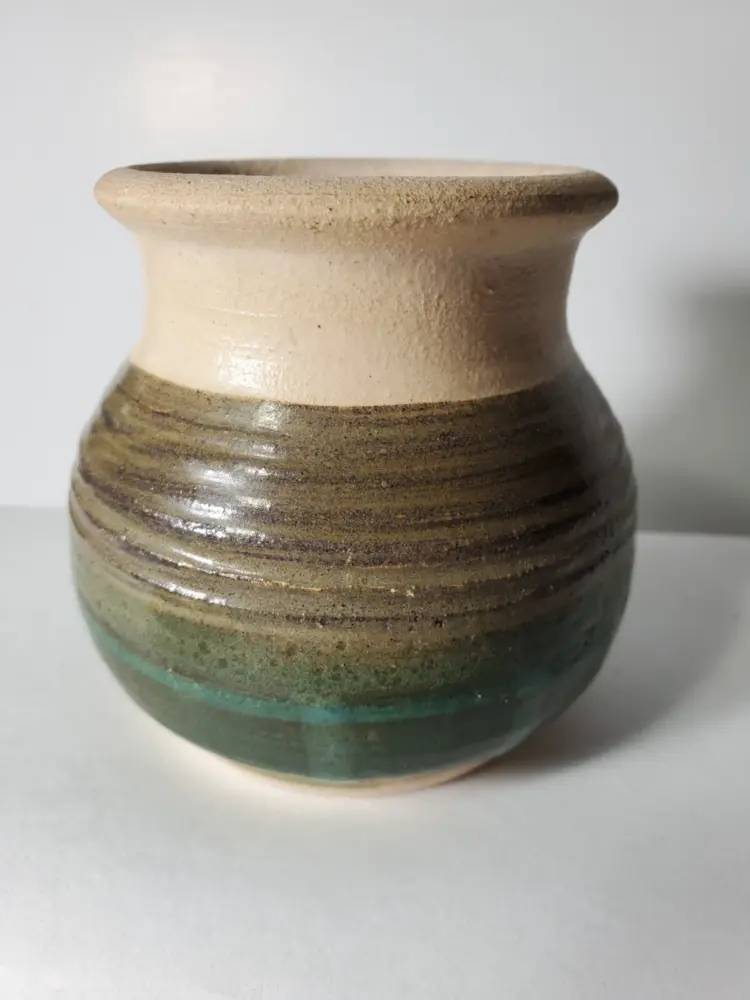 Studio Art Pottery Vase – Signed DK – Green Drip Glaze – Matte & Glossy Finish