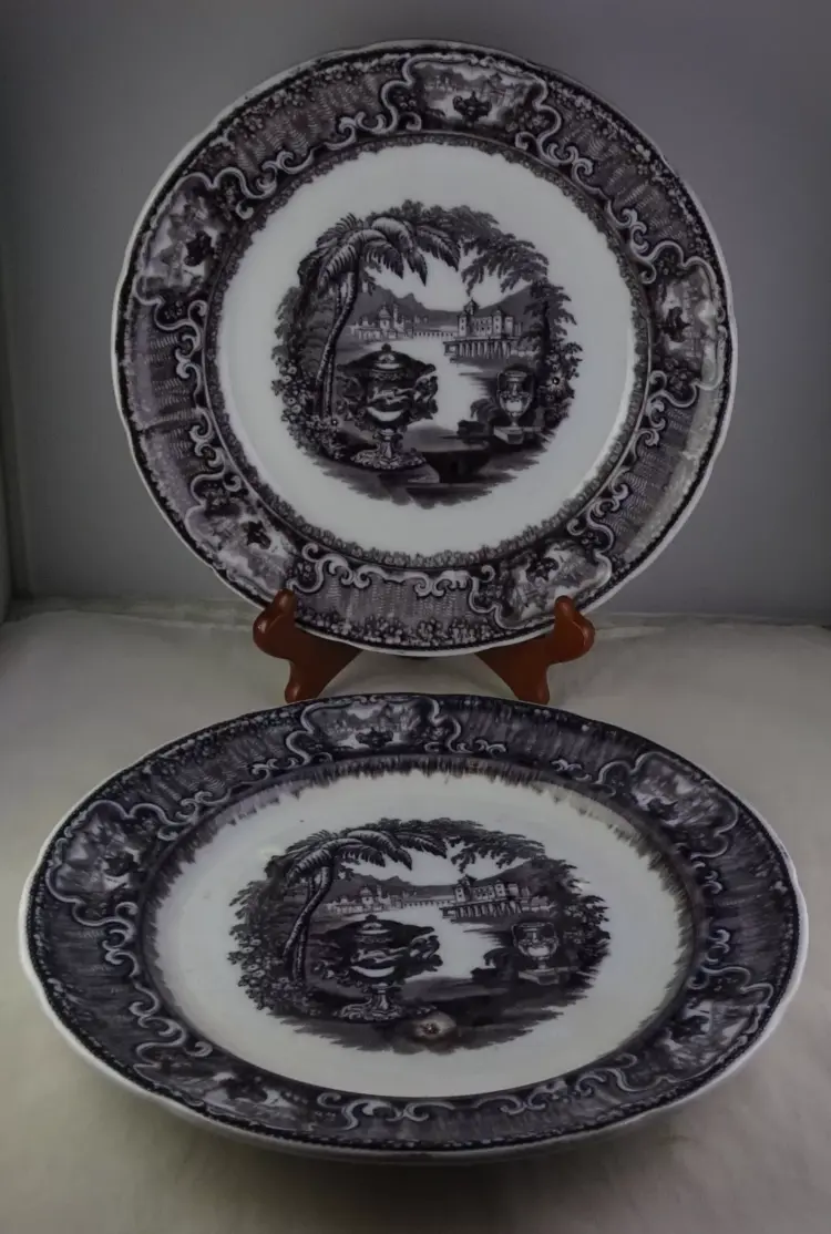 Pair of Podmore Walker Antique Transferware "Washington Vase" 10" Plates – c. 1800s