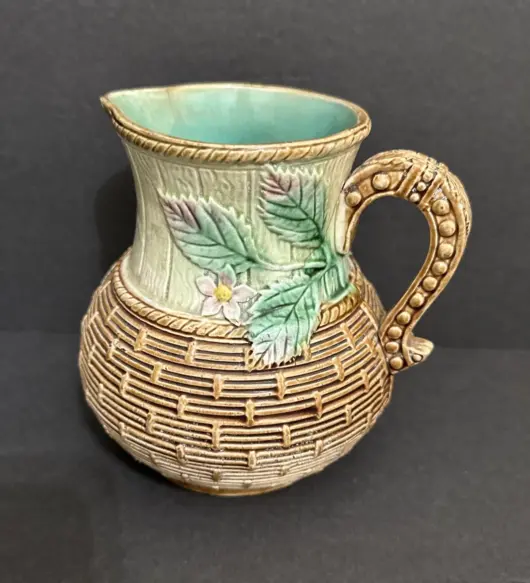 Antique 1800s English Majolica Basketweave Footed Pitcher – 5.75" Tall