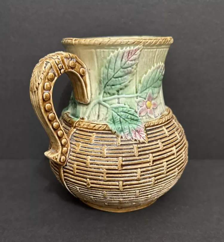 Antique 1800s English Majolica Basketweave Footed Pitcher – 5.75" Tall - Image 3