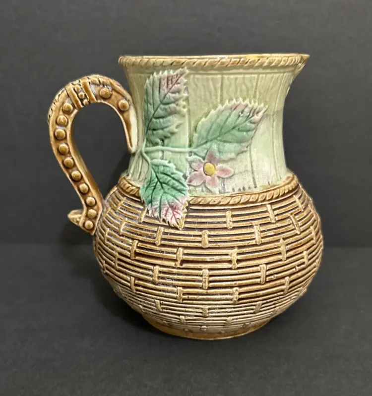 Antique 1800s English Majolica Basketweave Footed Pitcher – 5.75" Tall - Image 2