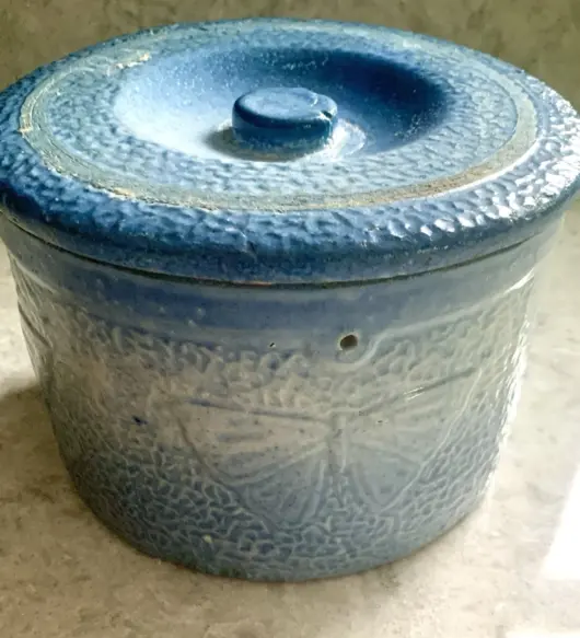 Antique Blue & Gray McCoy Stoneware Butter Crock with Lid – Embossed Butterfly