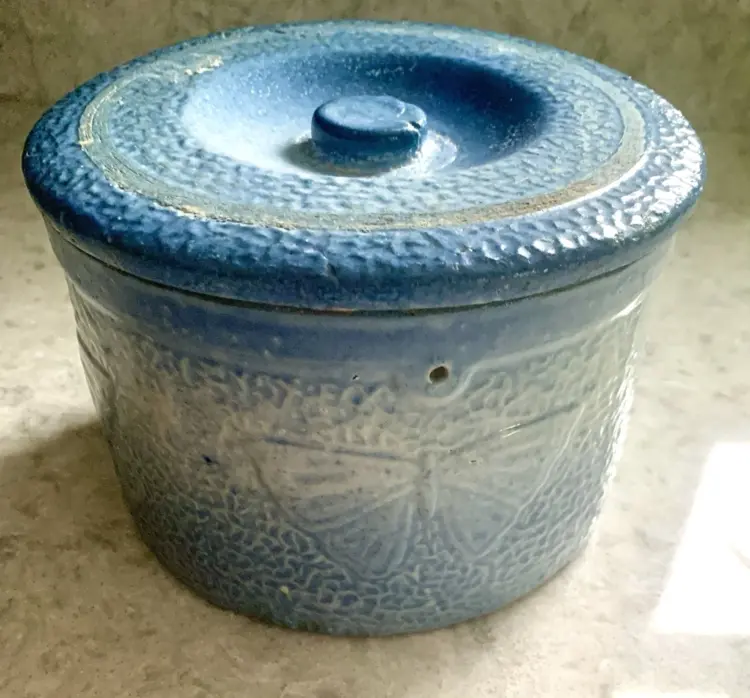 Antique Blue & Gray McCoy Stoneware Butter Crock with Lid – Embossed Butterfly