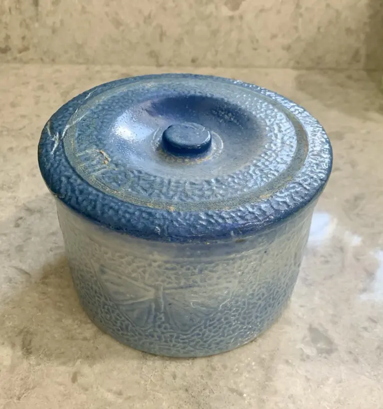 Antique Blue & Gray McCoy Stoneware Butter Crock with Lid – Embossed Butterfly - Image 2