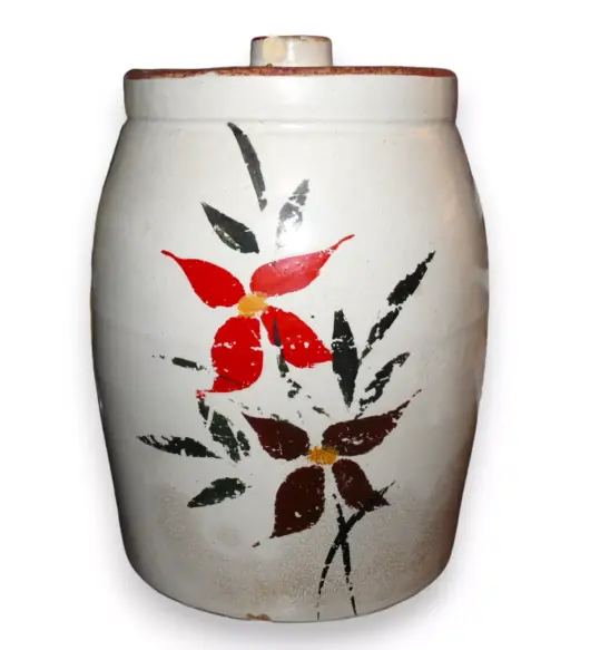 Antique Hand-Decorated Pottery Stoneware Crock with Lid – 10" Tall (9" Without Lid)