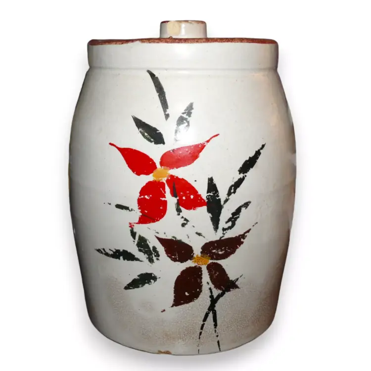 Antique Hand-Decorated Pottery Stoneware Crock with Lid – 10" Tall (9" Without Lid)