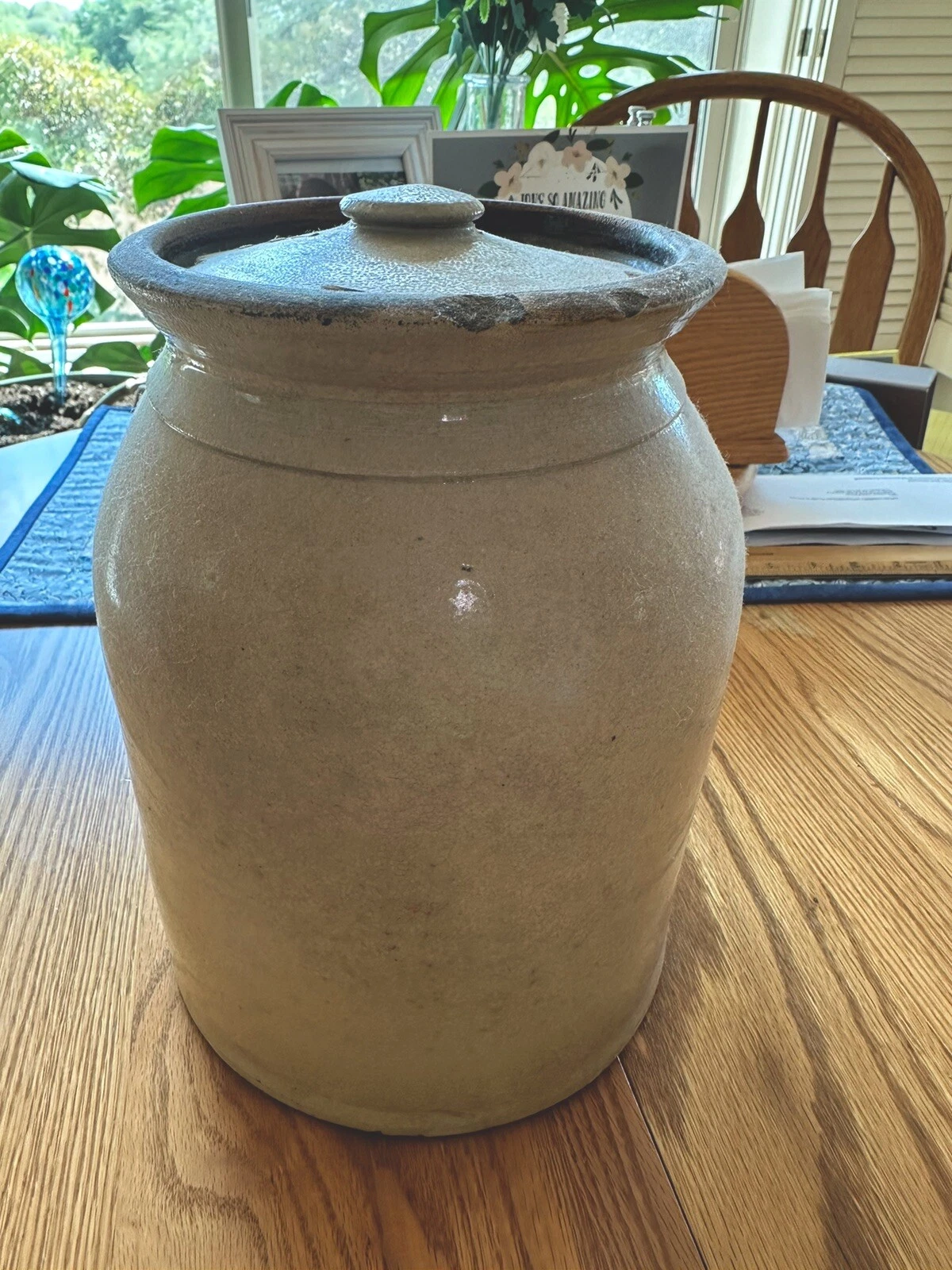 Antique Primitive Stoneware Storage Crock with Lid – 9.5” Tall