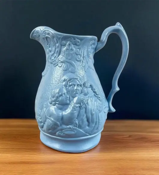 Antique Worthington & Green Blue Salt-Glazed Stoneware Pitcher – Circa 1850s