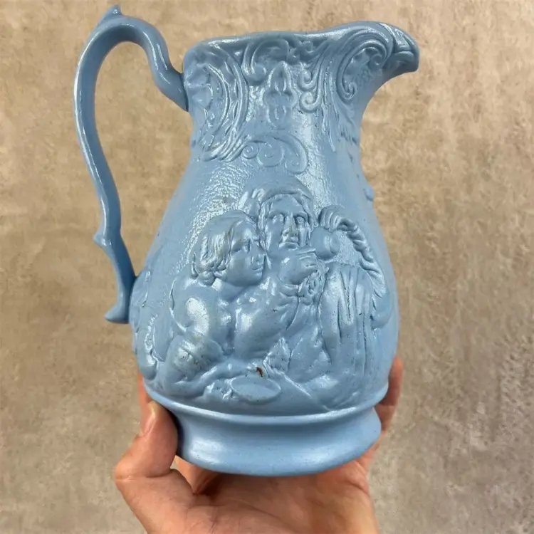 Antique Worthington & Green Blue Salt-Glazed Stoneware Pitcher – Circa 1850s - Image 2