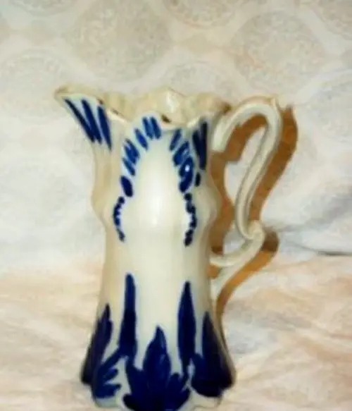 Antique Art Nouveau Salt Glaze Pottery Pitcher – Flow Blue, Ornate, 7.5” Tall