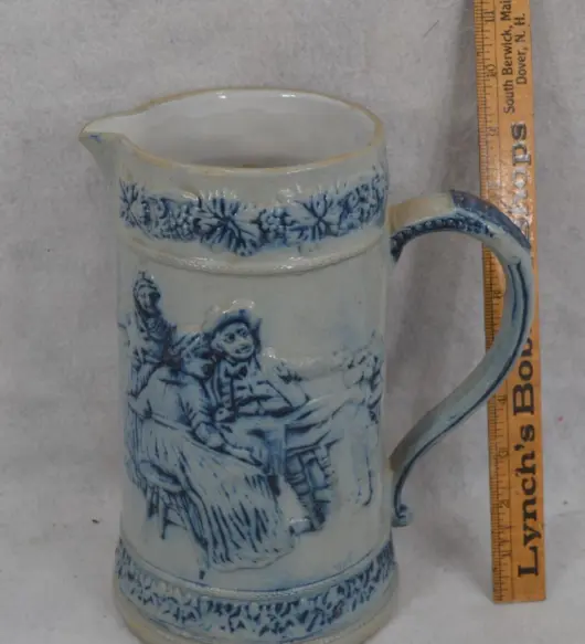 Antique 1850s Blue-Decorated Salt Glaze Stoneware Pitcher – 9.5” Tall, Original