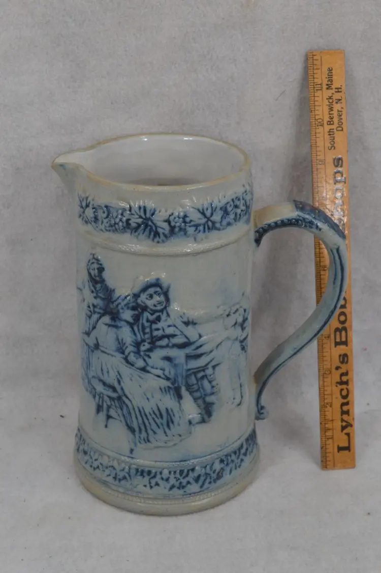 Antique 1850s Blue-Decorated Salt Glaze Stoneware Pitcher – 9.5” Tall, Original