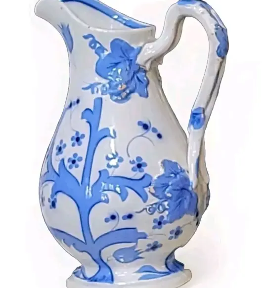 Antique Wedgwood-Style Blue Porcelain Pitcher with Embossed Grapes – 1800s, Unmarked
