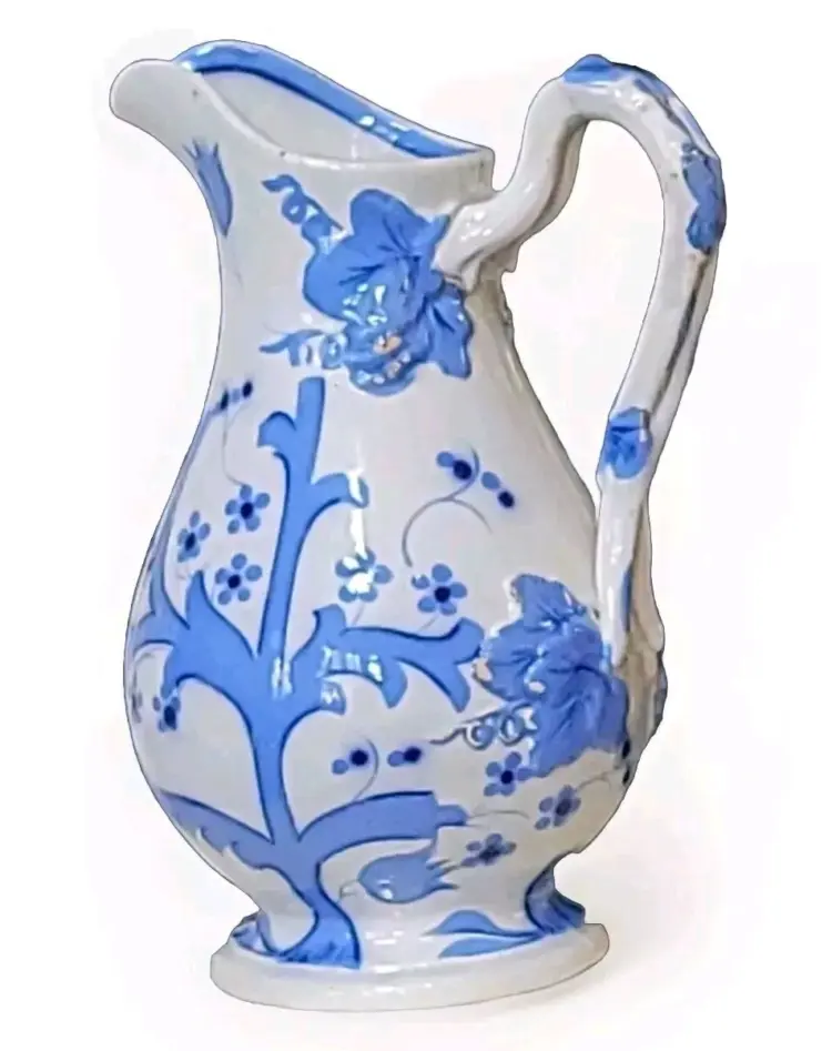 Antique Wedgwood-Style Blue Porcelain Pitcher with Embossed Grapes – 1800s, Unmarked