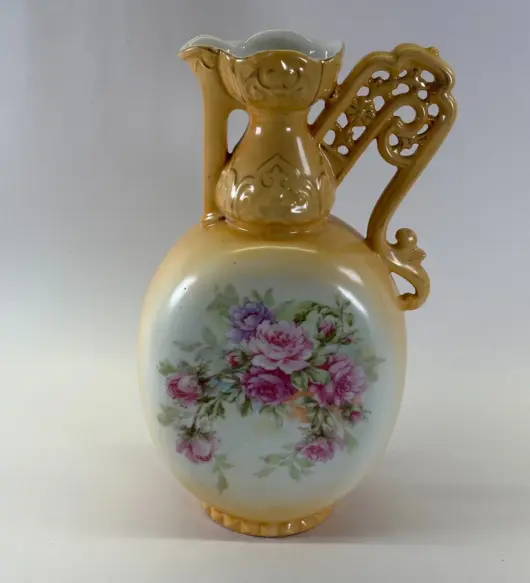 Antique Austrian Ceramic Ewer Pitcher – Hanging Roses, Filigree Handle, c. 1850–1899