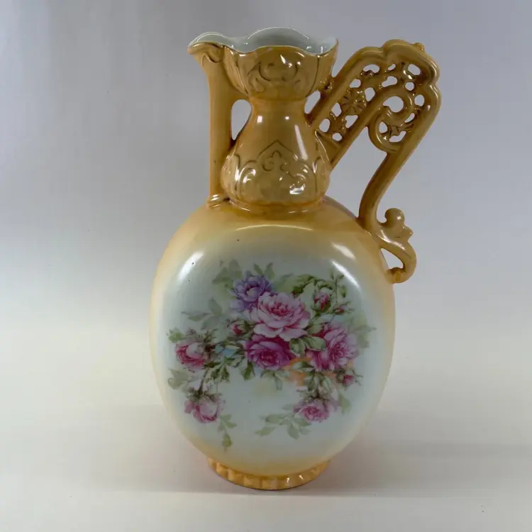 Antique Austrian Ceramic Ewer Pitcher – Hanging Roses, Filigree Handle, c. 1850–1899