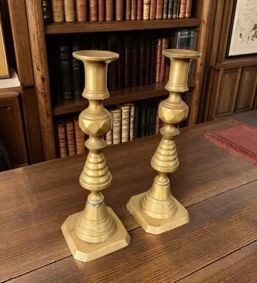 Antique 1820s Georgian Brass Beehive Push-Up Candlestick – Marked RD223580
