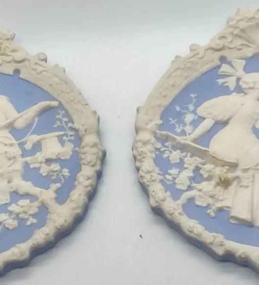 Schafer & Vater Antique Blue Jasperware Wall Plaques – Signed O’Brien – Art Nouveau German Craftsmanship