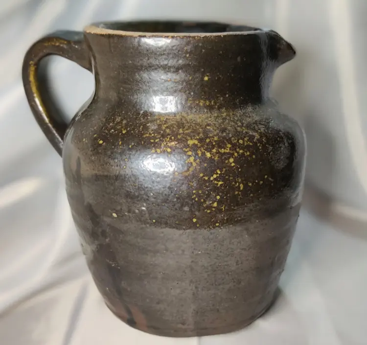 Antique 7.5" Dark Brown Glazed Stoneware Pitcher – Primitive, Unmarked