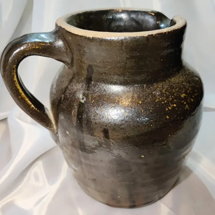Antique 7.5" Dark Brown Glazed Stoneware Pitcher – Primitive, Unmarked - Image 2