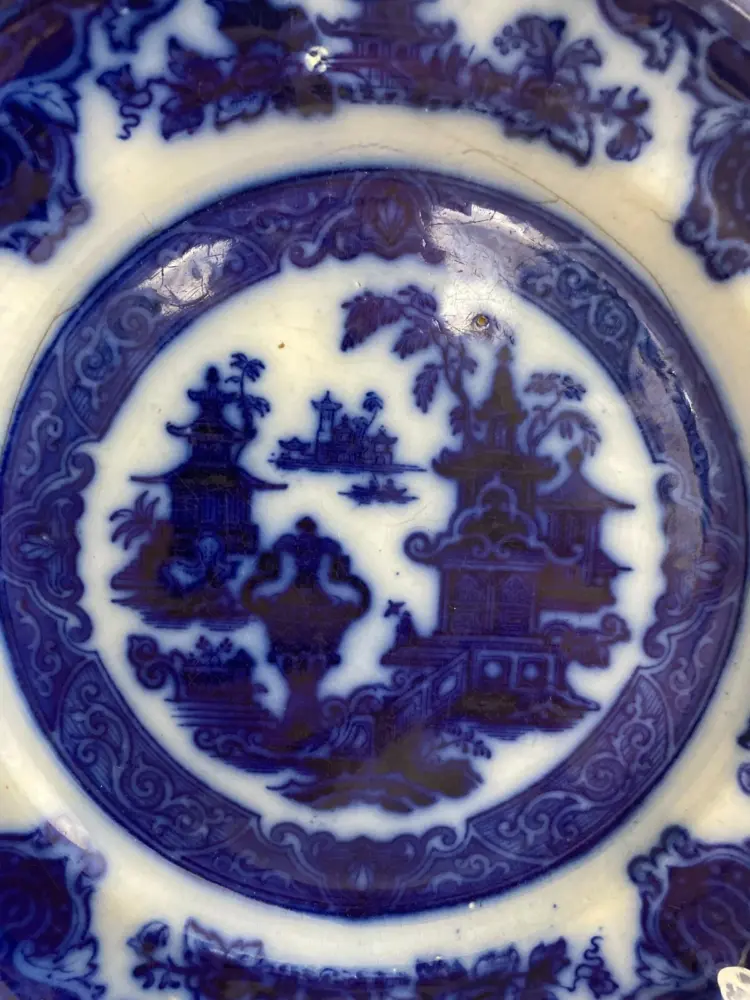 Antique P. W. & Co. Podmore, Walker Flow Blue Earthenware Plate – Temple Pattern c.1834–1853 - Image 2