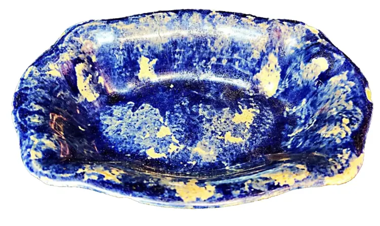 Antique 19th Century Blue & White Spongeware Spatterware Stoneware Serving Bowl