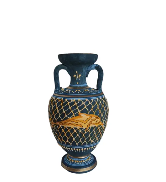 Minoan Dolphin Vase – Embossed Blue Ceramic, 8.66” (22 cm)